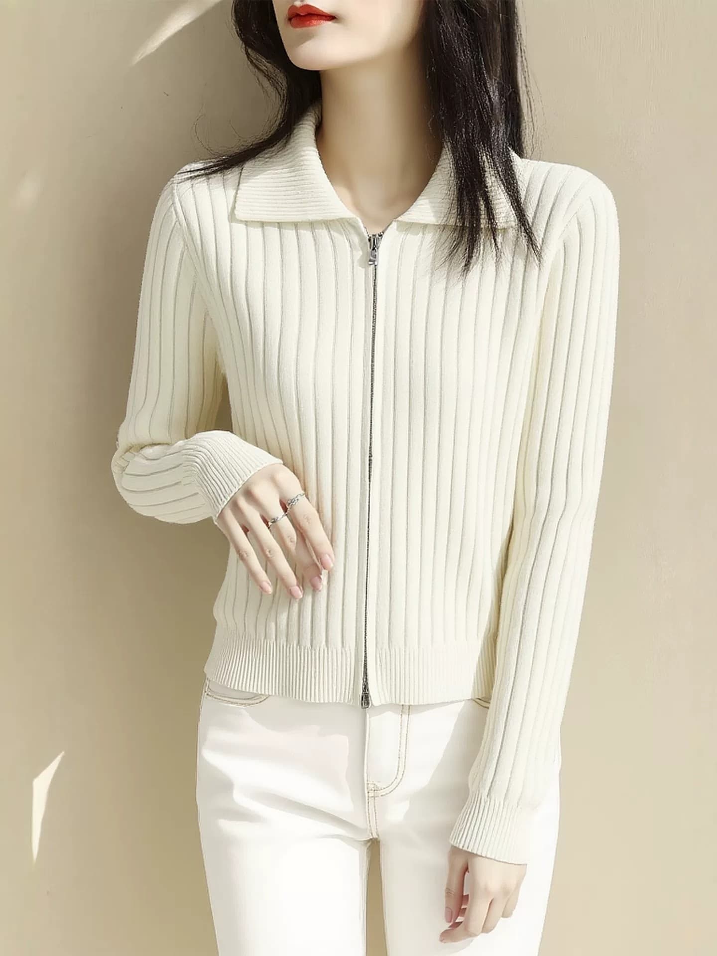 긴팔 니트 오픈 가디건 맨위 여성 폴로 칼라 더블 당겨서 지퍼 가을과 겨울 단색 디스플레이 화이트 몸매 가꾸기 스웨터 코트 이미지 4