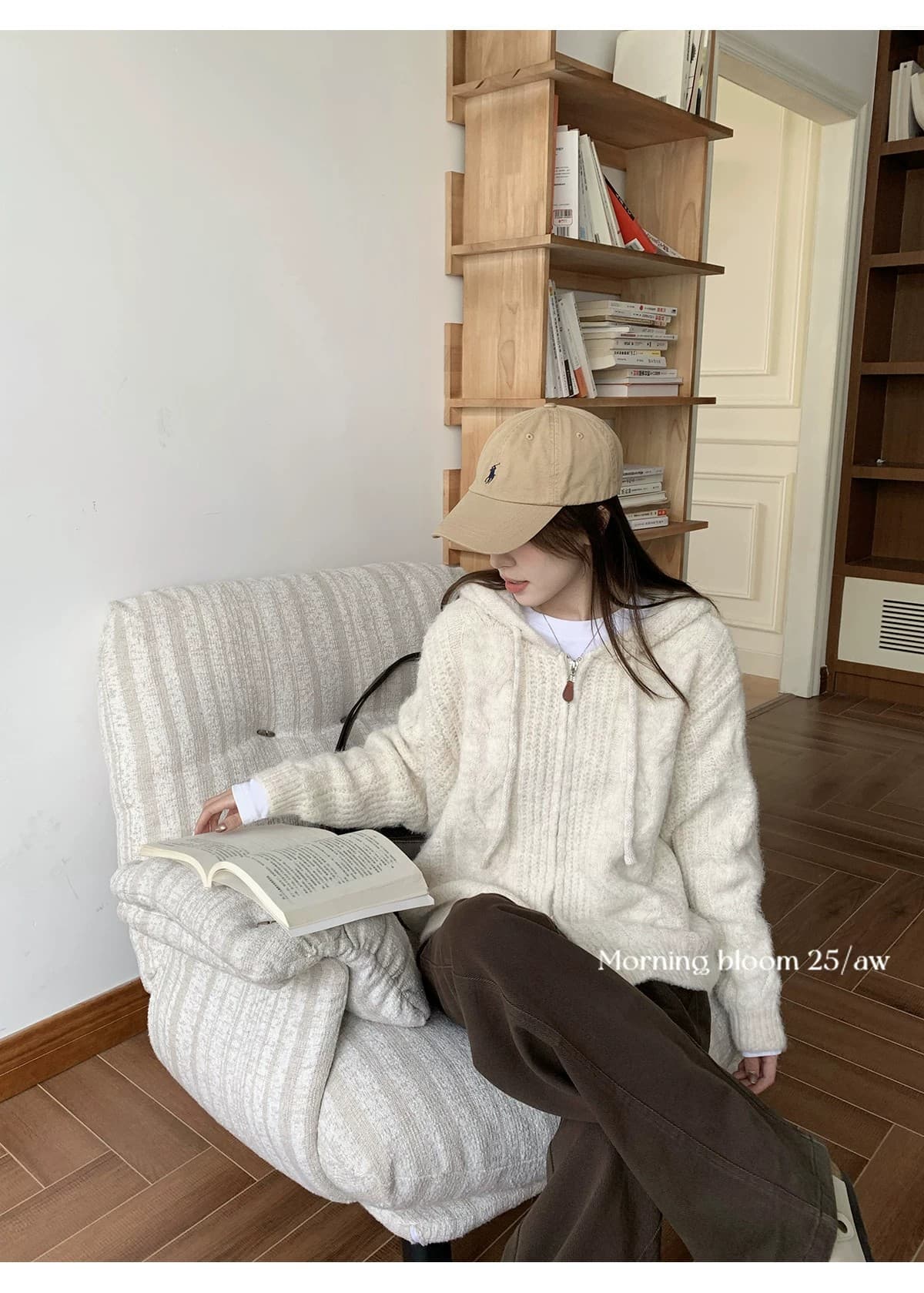 morning bloom 부드러운 찹쌀 두꺼운 지퍼 스웨터 여자 2026 새로운 후드 니트 털실 재킷 맨위 상세 이미지 6