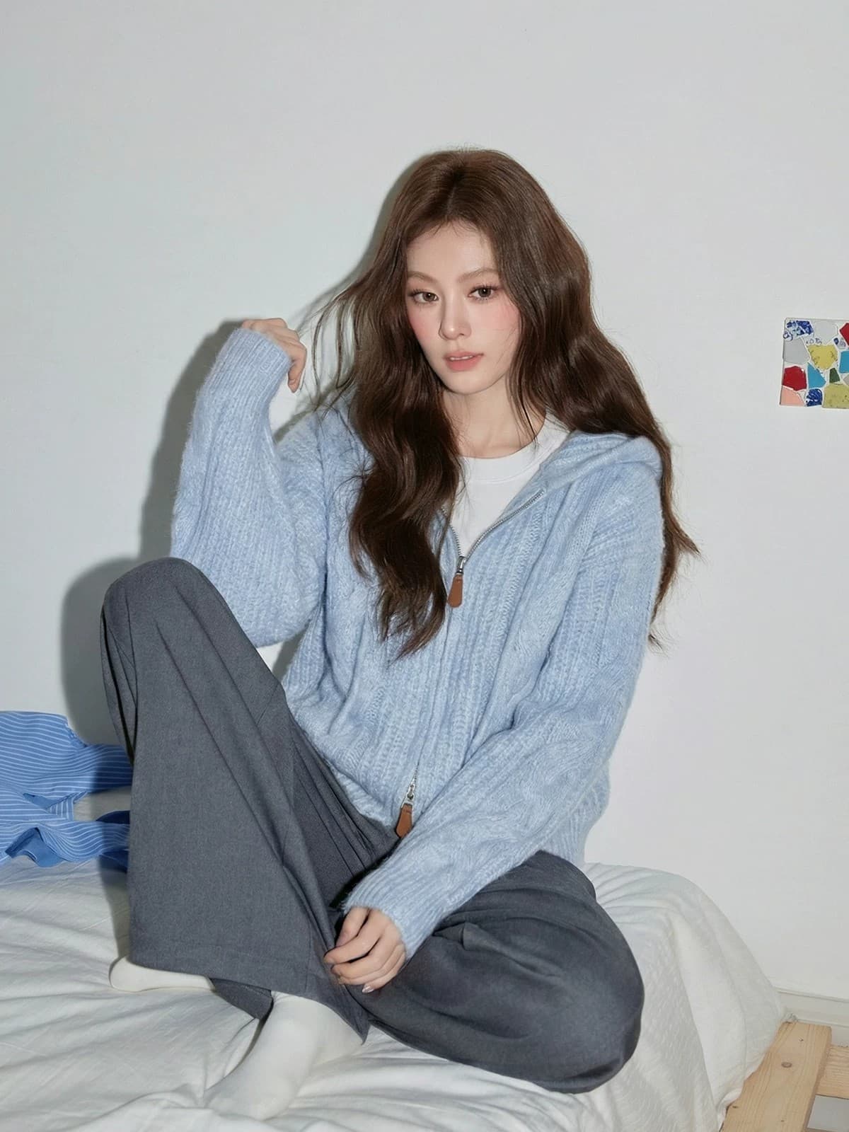한 부서 부드러운 파란색 후드 지퍼 스웨터 오픈 가디건 여성 겨울 부드러운 찹쌀 루즈핏 느긋한 니트 재킷 맨위 이미지 3