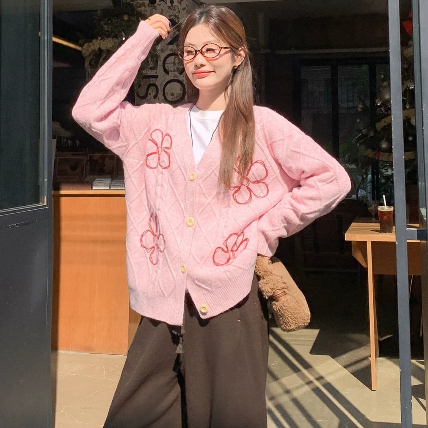 한 번 작은 짭짤한 한 부서 핑크색 V넥 니트 스웨터 오픈 가디건 여성 가을 겨울 루즈핏 자이언트 잘 생긴 재킷 맨위 겨울 이미지 6