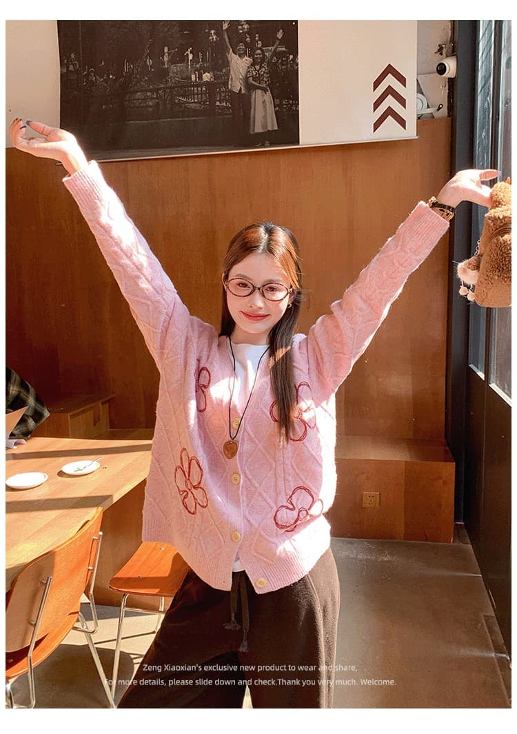 한 번 작은 짭짤한 한 부서 핑크색 V넥 니트 스웨터 오픈 가디건 여성 가을 겨울 루즈핏 자이언트 잘 생긴 재킷 맨위 겨울 상세 이미지 1