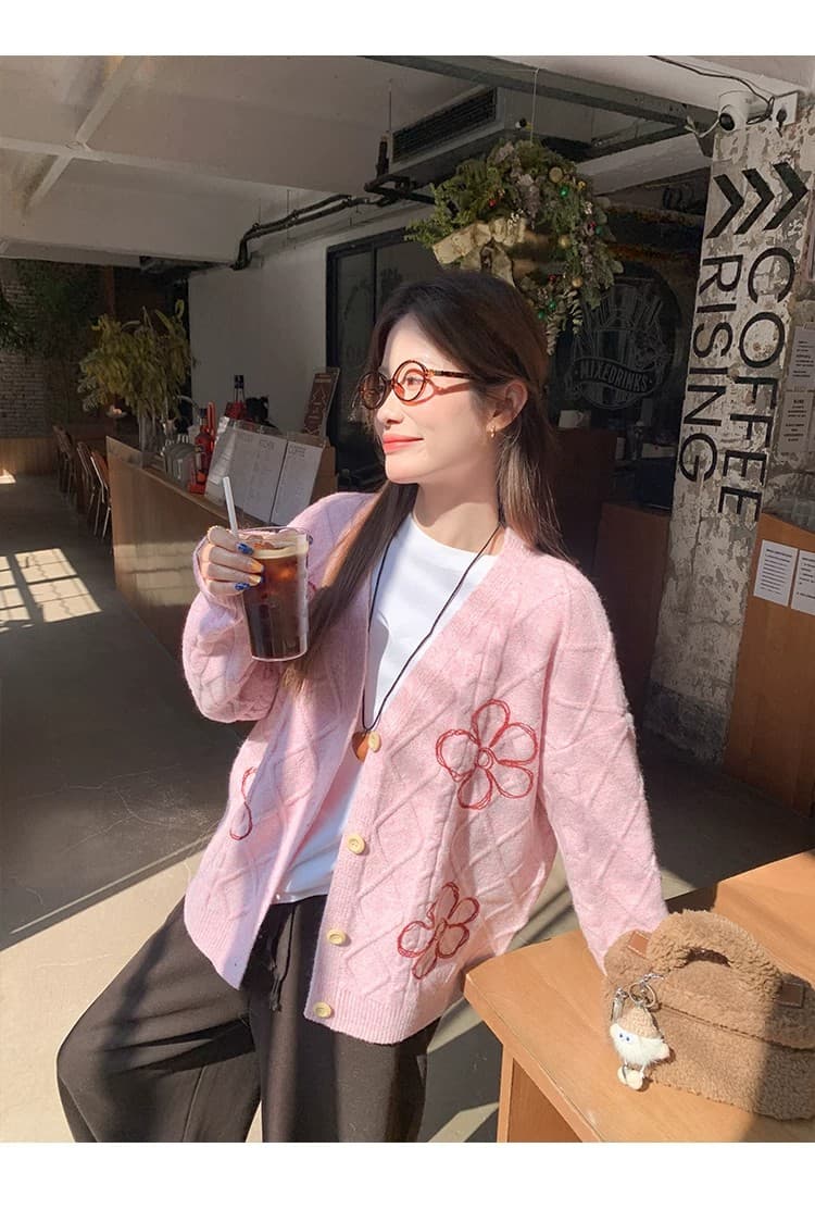 한 번 작은 짭짤한 한 부서 핑크색 V넥 니트 스웨터 오픈 가디건 여성 가을 겨울 루즈핏 자이언트 잘 생긴 재킷 맨위 겨울 상세 이미지 23