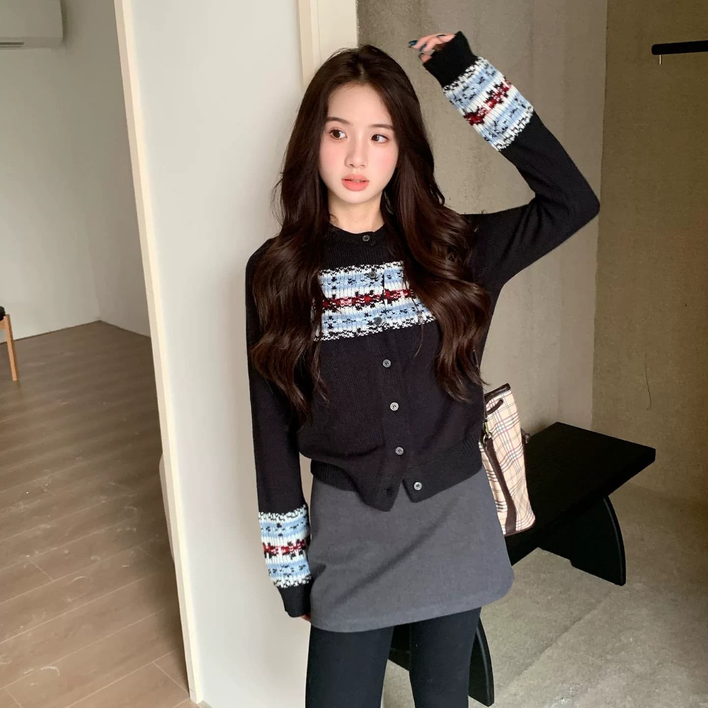 주황색 서브 트리 어디 레트로 공정한 섬 자카드 스웨터 니트 오픈 가디건 여성 봄 가을 부드러운 찹쌀 느긋한 긴팔 맨위 이미지 3