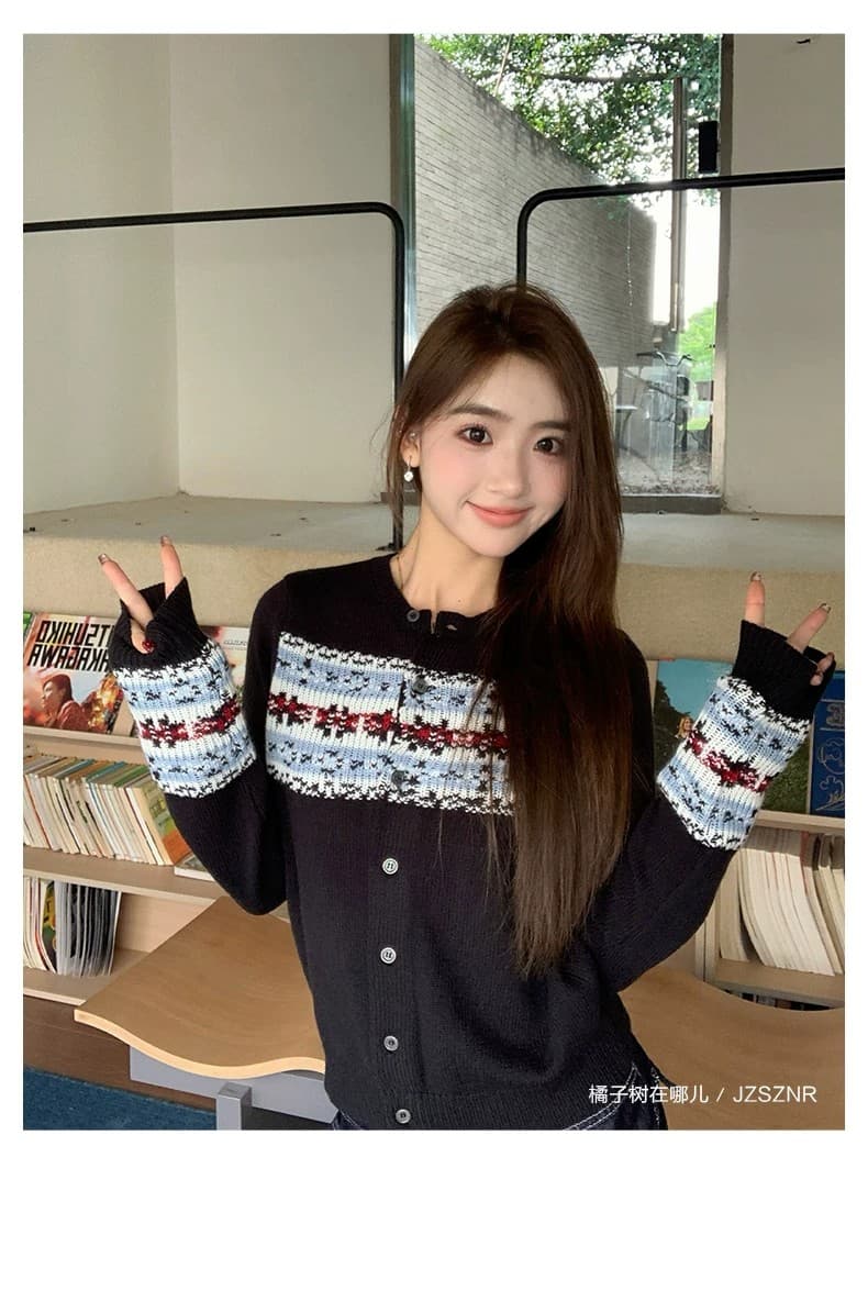 주황색 서브 트리 어디 레트로 공정한 섬 자카드 스웨터 니트 오픈 가디건 여성 봄 가을 부드러운 찹쌀 느긋한 긴팔 맨위 상세 이미지 9