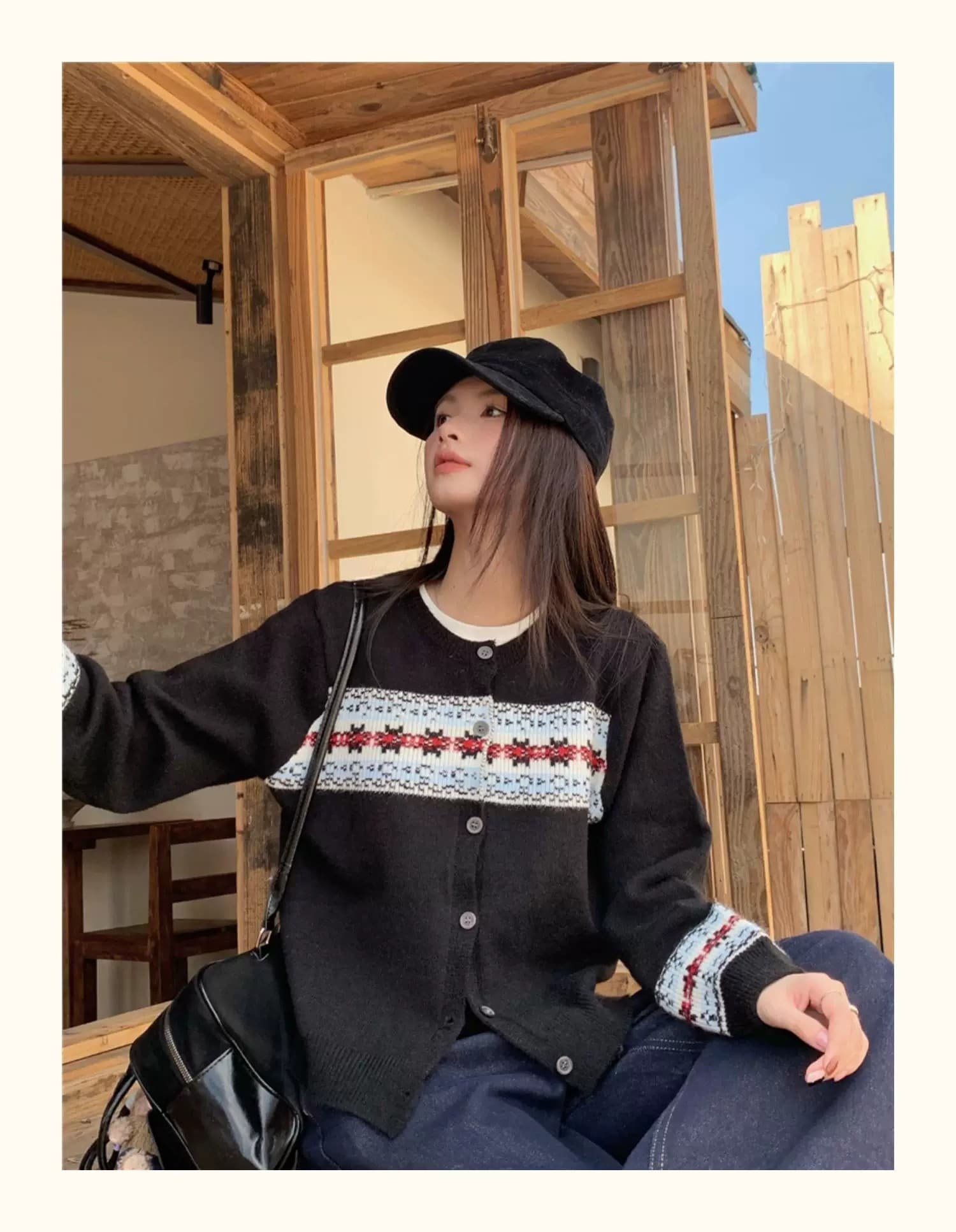 공정한 섬 자수 라운드 넥 단추 니트 오픈 가디건 여성 가을 겨울 느긋한 바람 분위기 센스 개성 자카드 스웨터 코트 상세 이미지 8