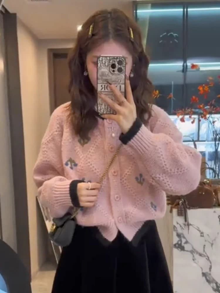 작은 샤넬 스타일 핑크색 라운드 넥 꽃 자수 오픈 가디건 스웨터 여자 가을 겨울철 두꺼운 루즈핏 느긋한 바람 니트 재킷