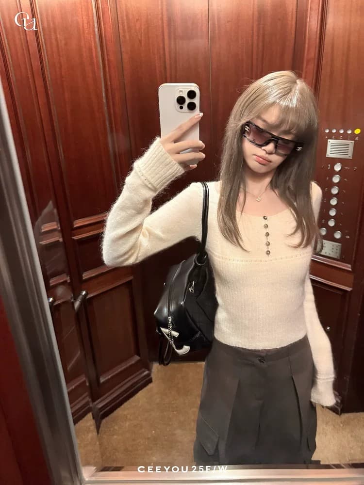 카운터 브랜드 자이언트 잘 생긴 ~ 중 V넥 단추 허리 수축 만나는 니트 스웨터 맨위 여성 봄 상세 이미지 3