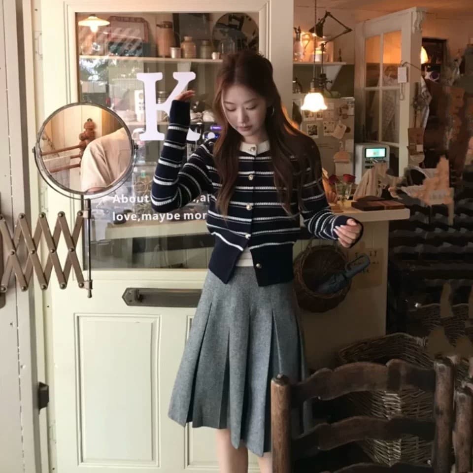 한 부서 배색 스트라이프 스웨터 오픈 가디건 여성 코트 가을 겨울 새로운 작은 샤넬 스타일 쇼트 스타일 부드러운 바람 니트 스웨터 맨위 상세 이미지 2
