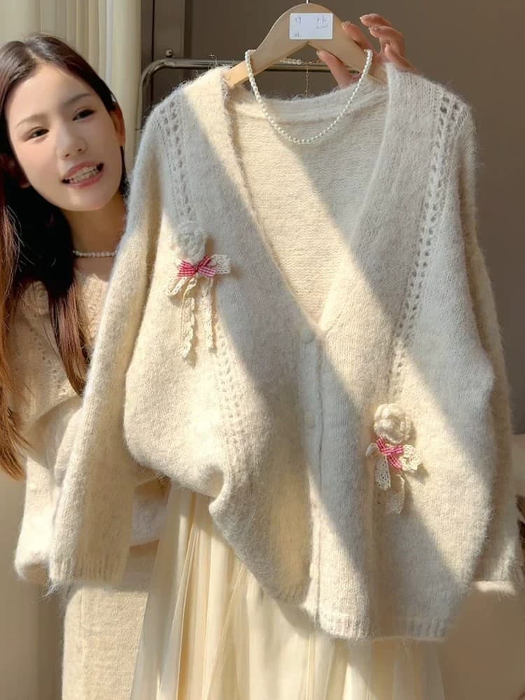 프랑스식 부드러운 달콤함 다용도 레트로 나비 매듭 스웨터 여자 루즈핏 슬림해 보이는 느긋한 바람 부드러운 찹쌀 니트 오픈 가디건 상세 이미지 5