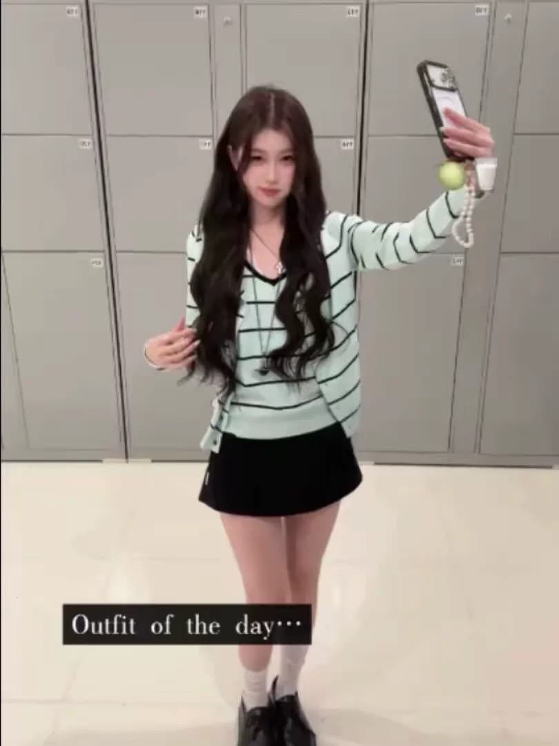 이른 봄 한 부서 착용 가져 가라. 전체 집합 순수한 욕망 블랙 녹색 스트라이프 니트 오픈 가디건 스택 착용 슬립 행침 목 투피스 조끼 이미지 2