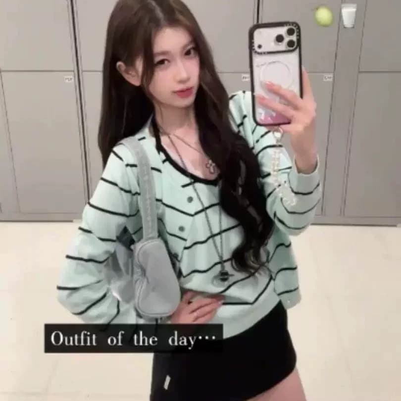 이른 봄 한 부서 착용 가져 가라. 전체 집합 순수한 욕망 블랙 녹색 스트라이프 니트 오픈 가디건 스택 착용 슬립 행침 목 투피스 조끼 이미지 5