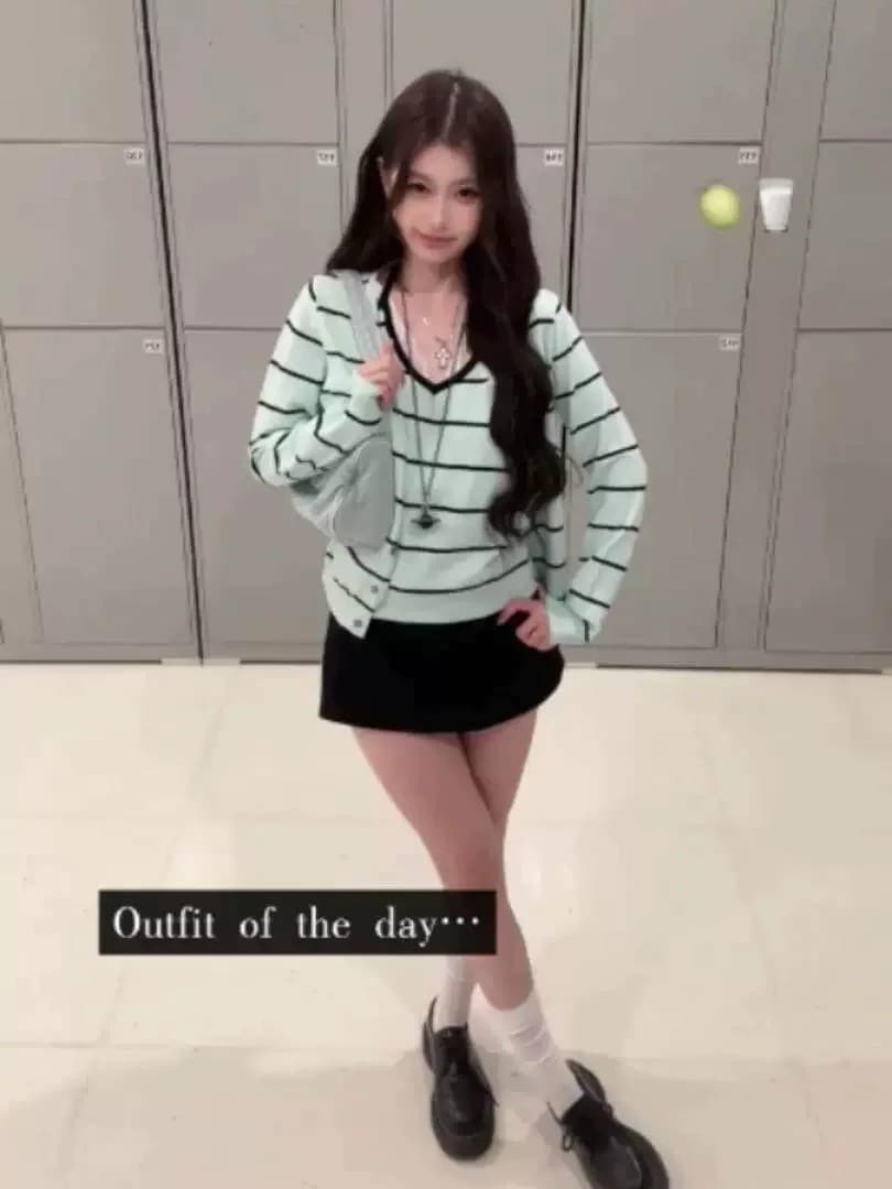 이른 봄 한 부서 착용 가져 가라. 전체 집합 순수한 욕망 블랙 녹색 스트라이프 니트 오픈 가디건 스택 착용 슬립 행침 목 투피스 조끼 상세 이미지 2