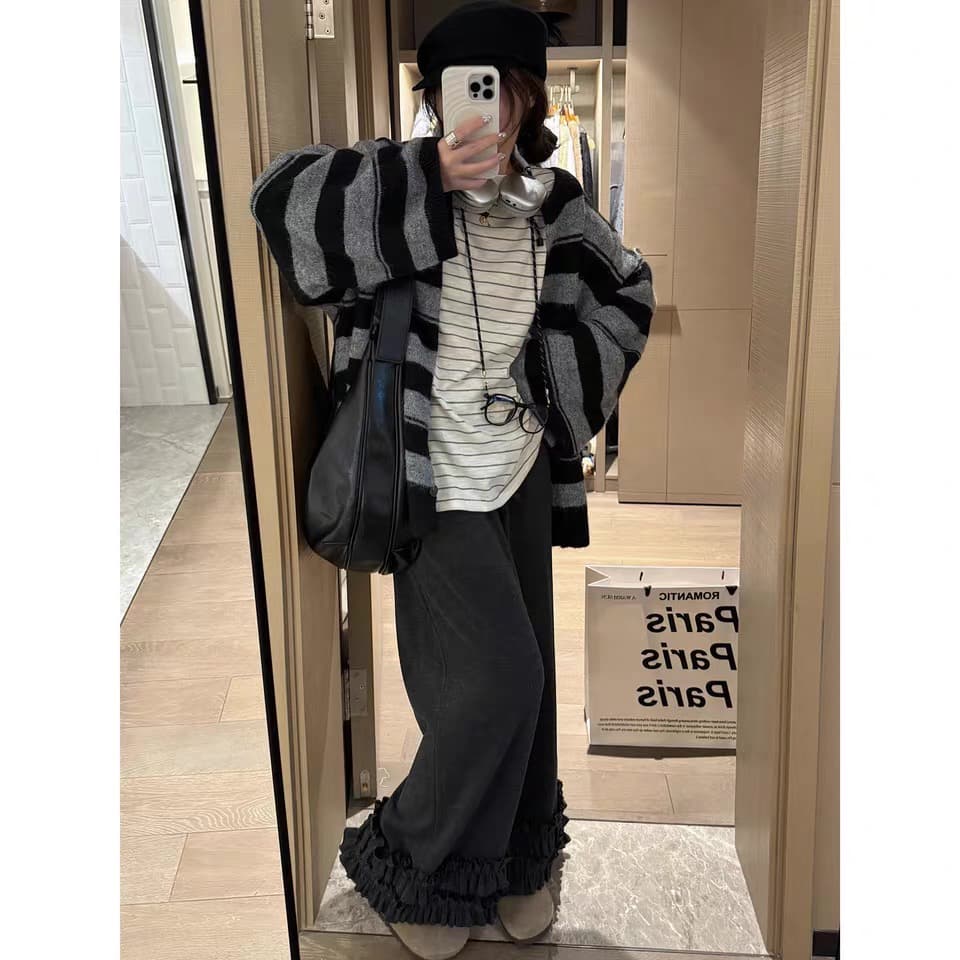 한 부서 스트라이프 루즈핏 라운드 넥 스웨터 여자 오픈 가디건 가을 겨울철 새로운 느긋한 바람 부드러운 찹쌀 니트 스웨터 맨위 재킷 상세 이미지 7