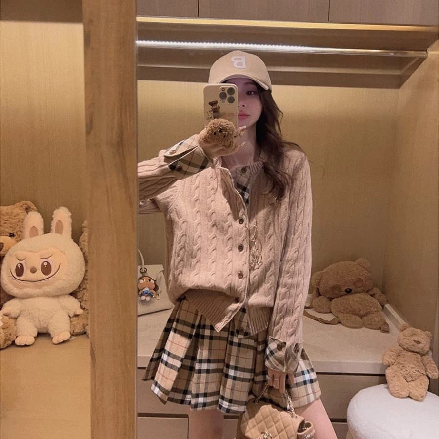 하나 의류 더블 가져 가라. 학원 출퇴근 니스 체크무늬 패치워크 페이크 레이어드 양모 니트 스웨터 이미지 5