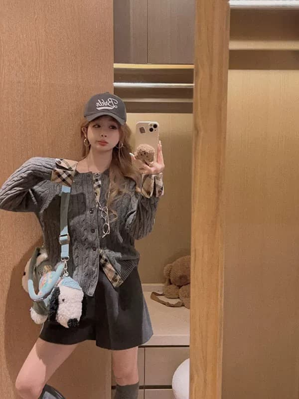 하나 의류 더블 가져 가라. 학원 출퇴근 니스 체크무늬 패치워크 페이크 레이어드 양모 니트 스웨터 상세 이미지 23