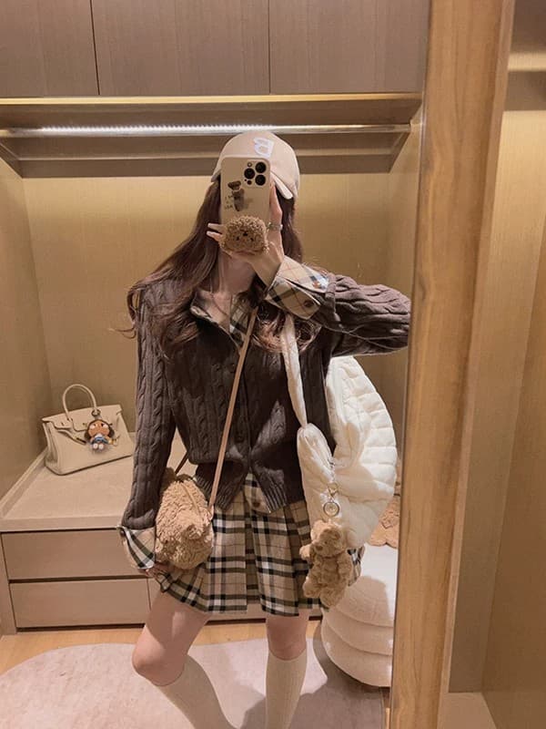 하나 의류 더블 가져 가라. 학원 출퇴근 니스 체크무늬 패치워크 페이크 레이어드 양모 니트 스웨터 상세 이미지 37