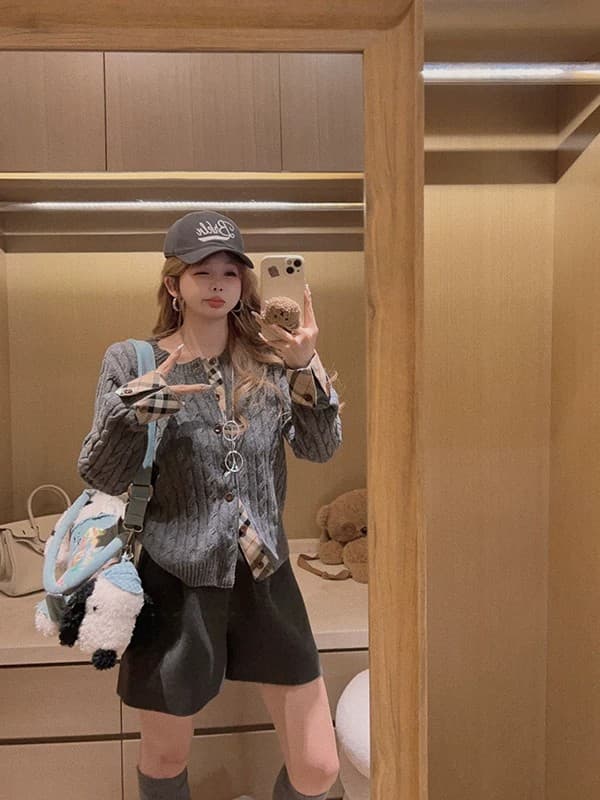 하나 의류 더블 가져 가라. 학원 출퇴근 니스 체크무늬 패치워크 페이크 레이어드 양모 니트 스웨터 상세 이미지 49