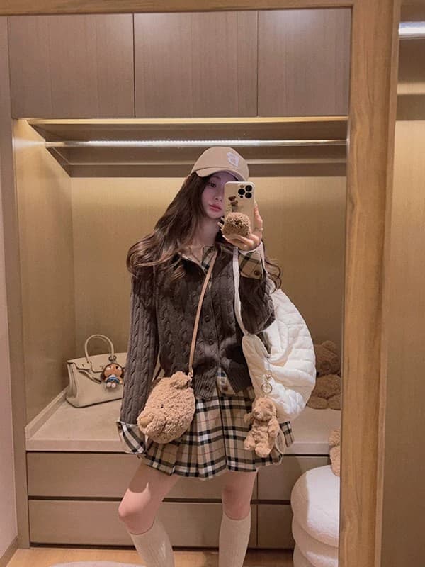하나 의류 더블 가져 가라. 학원 출퇴근 니스 체크무늬 패치워크 페이크 레이어드 양모 니트 스웨터 상세 이미지 68