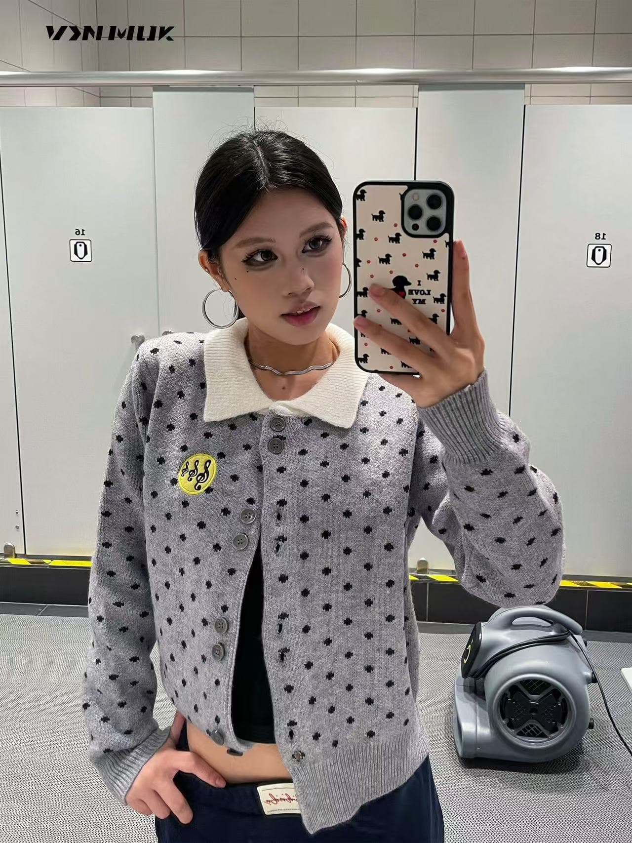 한 부서 도트 무늬 참고 패치 자수 니트 오픈 가디건 여성 이른 가을 작은 키 폴로 칼라 단추 몸매 가꾸기 맨위 이미지 4