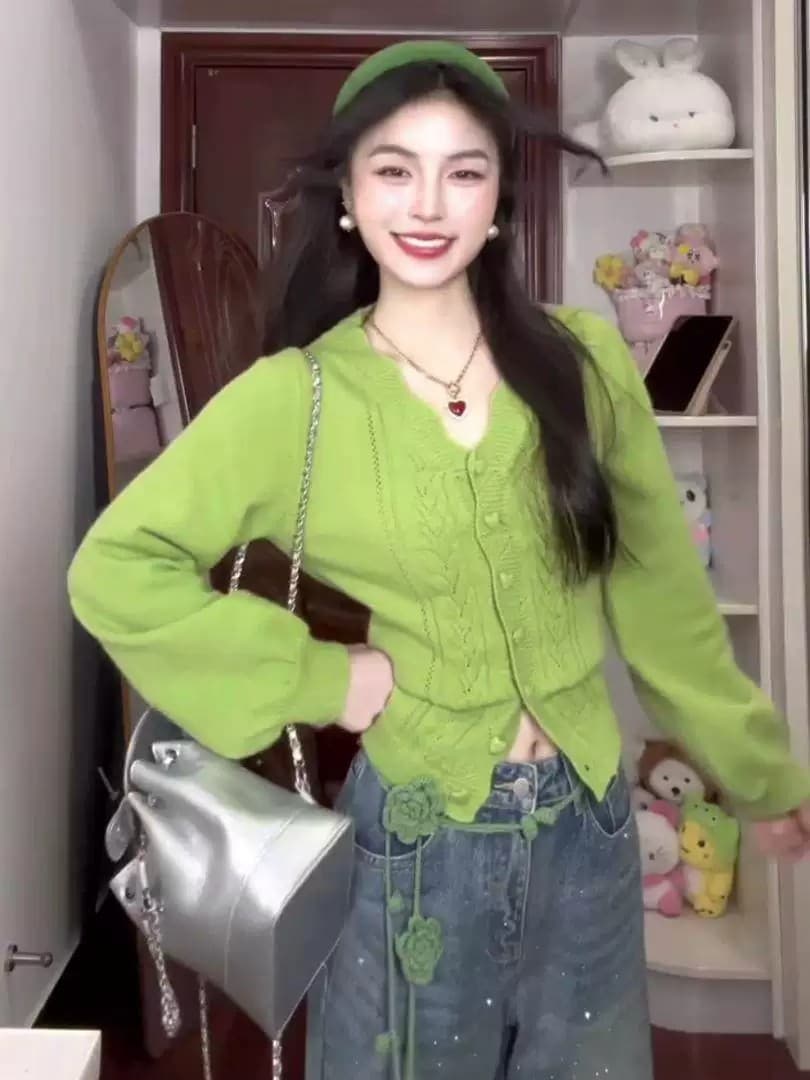 녹색 사과 낙원 마이크로 지방 mm 벌룬 소매 V넥 몸매 가꾸기 스웨터 니트 빅 사이즈 오픈 가디건 이미지 4