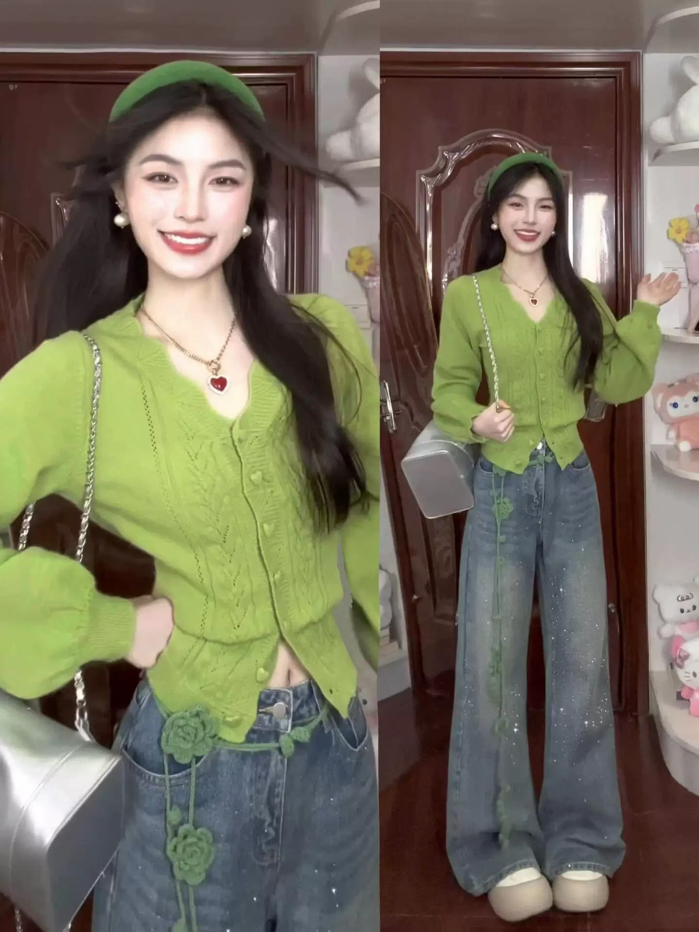 녹색 사과 낙원 마이크로 지방 mm 벌룬 소매 V넥 몸매 가꾸기 스웨터 니트 빅 사이즈 오픈 가디건 상세 이미지 3