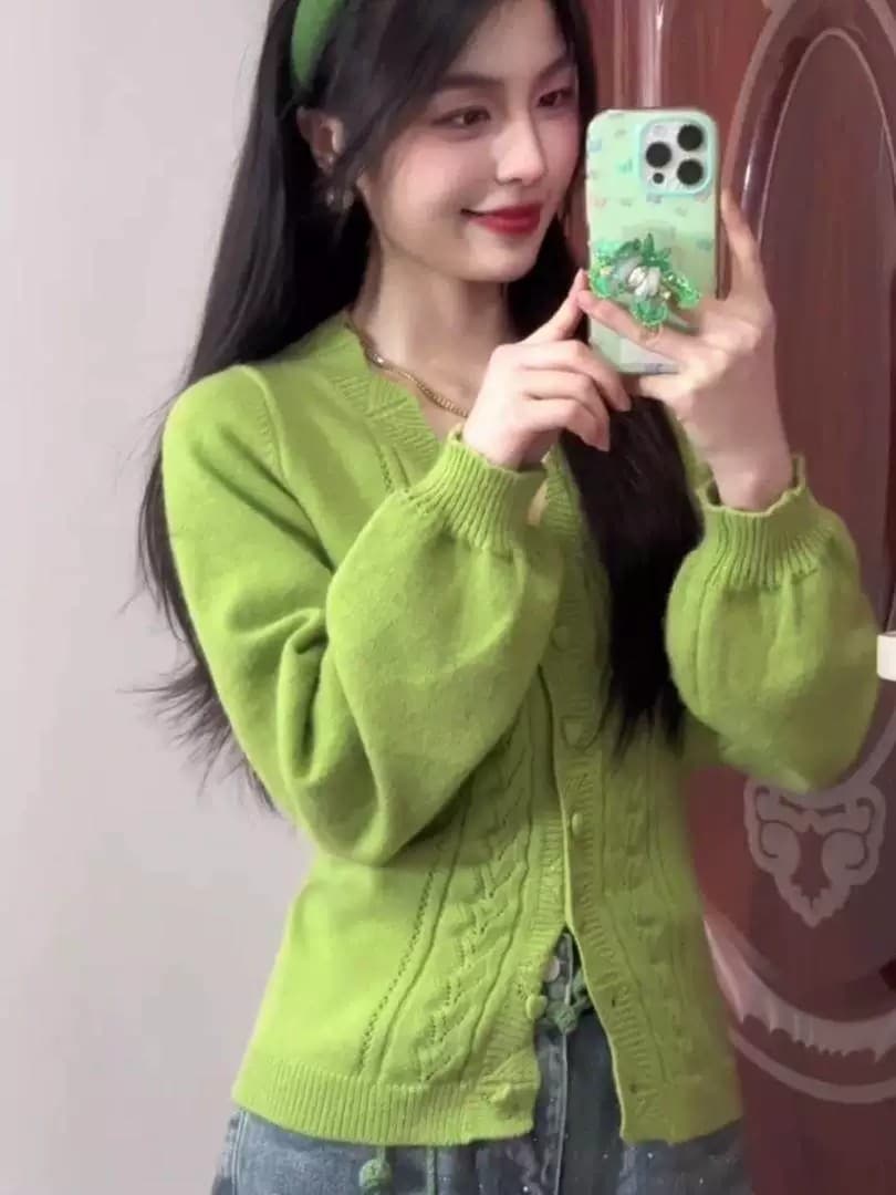 녹색 사과 낙원 마이크로 지방 mm 벌룬 소매 V넥 몸매 가꾸기 스웨터 니트 빅 사이즈 오픈 가디건 상세 이미지 4
