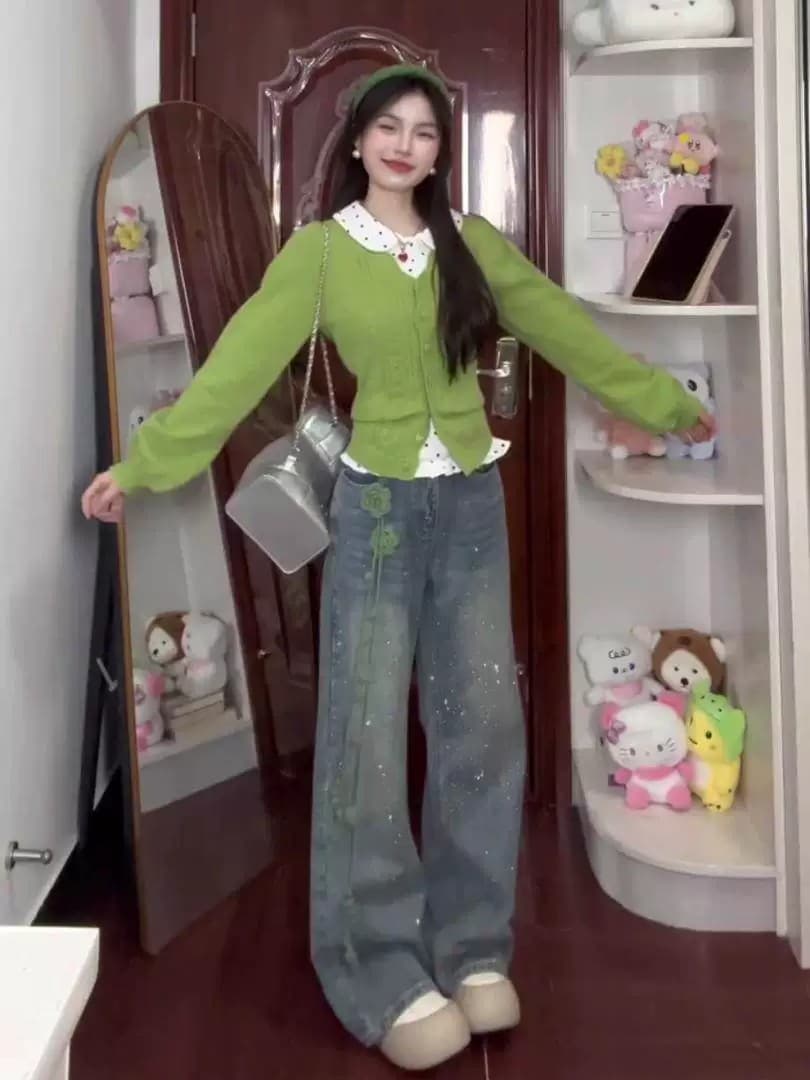 녹색 사과 낙원 마이크로 지방 mm 벌룬 소매 V넥 몸매 가꾸기 스웨터 니트 빅 사이즈 오픈 가디건 상세 이미지 6