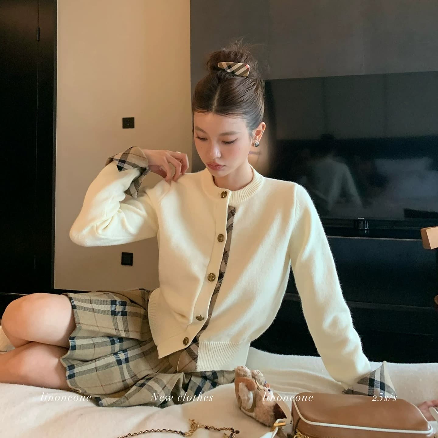 우유 커피 학원 한 부서 쌀 화이트 패치워크 페이크 레이어드 디자인 센스 스웨터 오픈 가디건 카키 체크무늬 이미지 6
