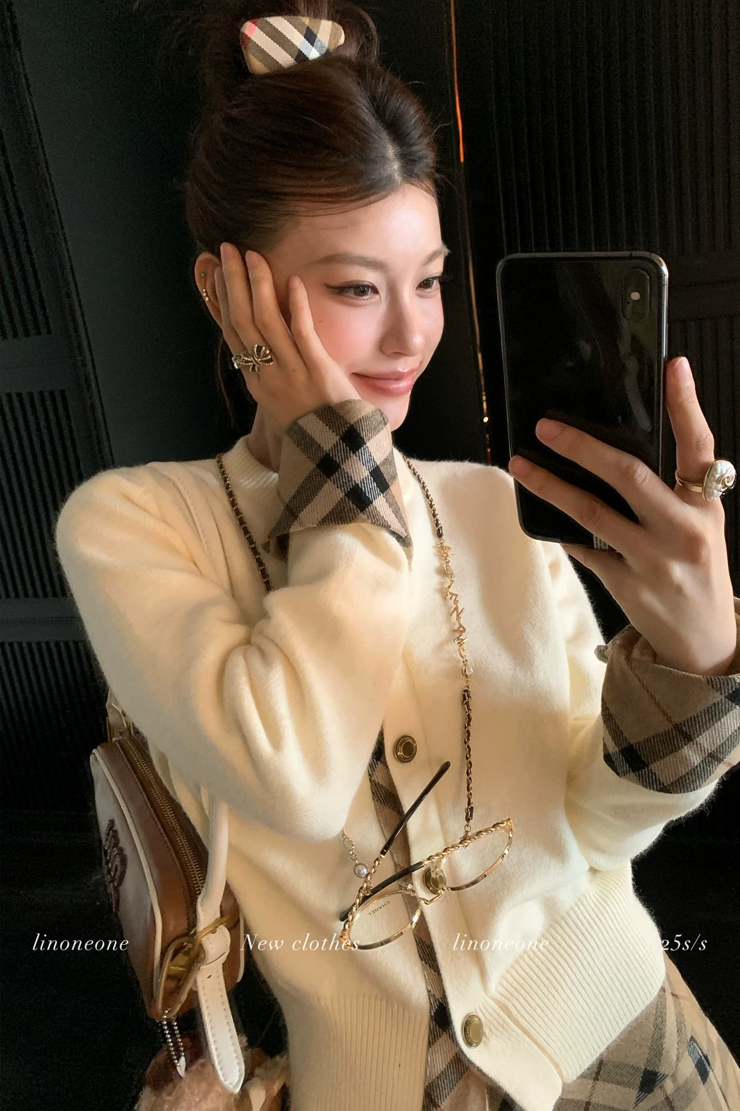 우유 커피 학원 한 부서 쌀 화이트 패치워크 페이크 레이어드 디자인 센스 스웨터 오픈 가디건 카키 체크무늬 상세 이미지 1