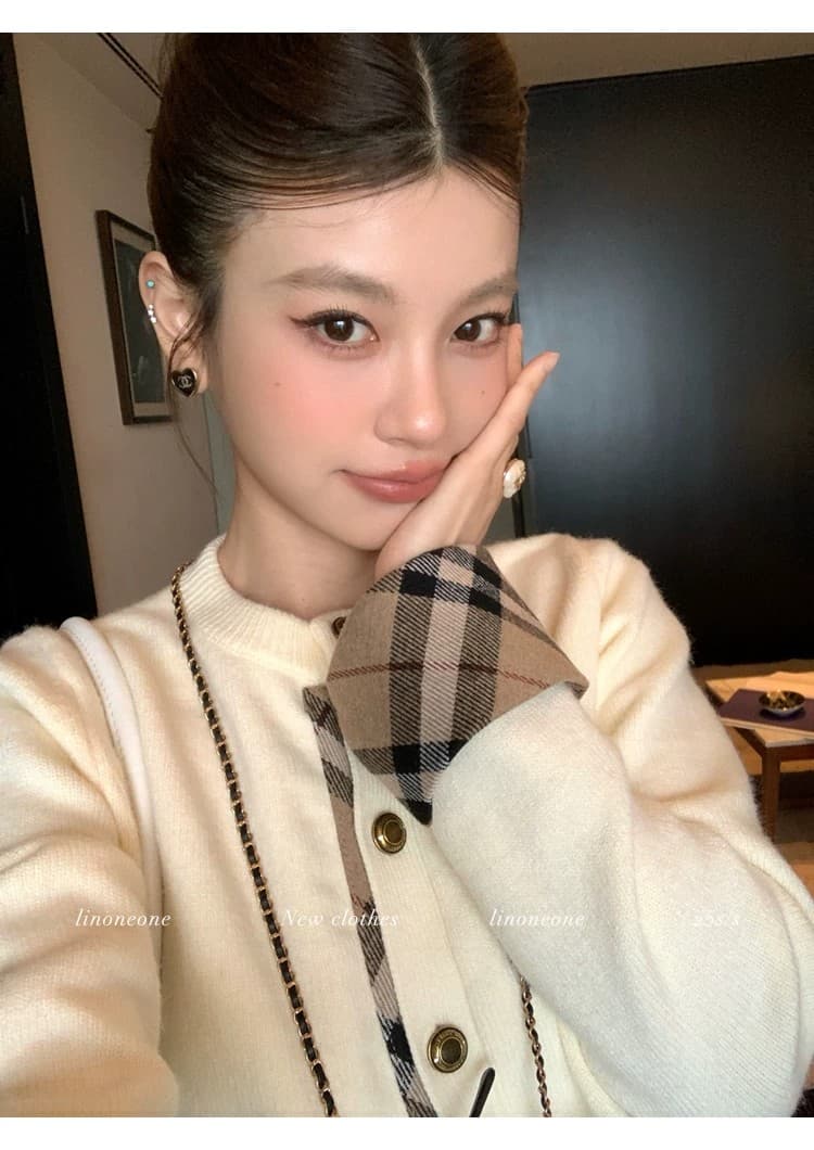 우유 커피 학원 한 부서 쌀 화이트 패치워크 페이크 레이어드 디자인 센스 스웨터 오픈 가디건 카키 체크무늬 상세 이미지 13