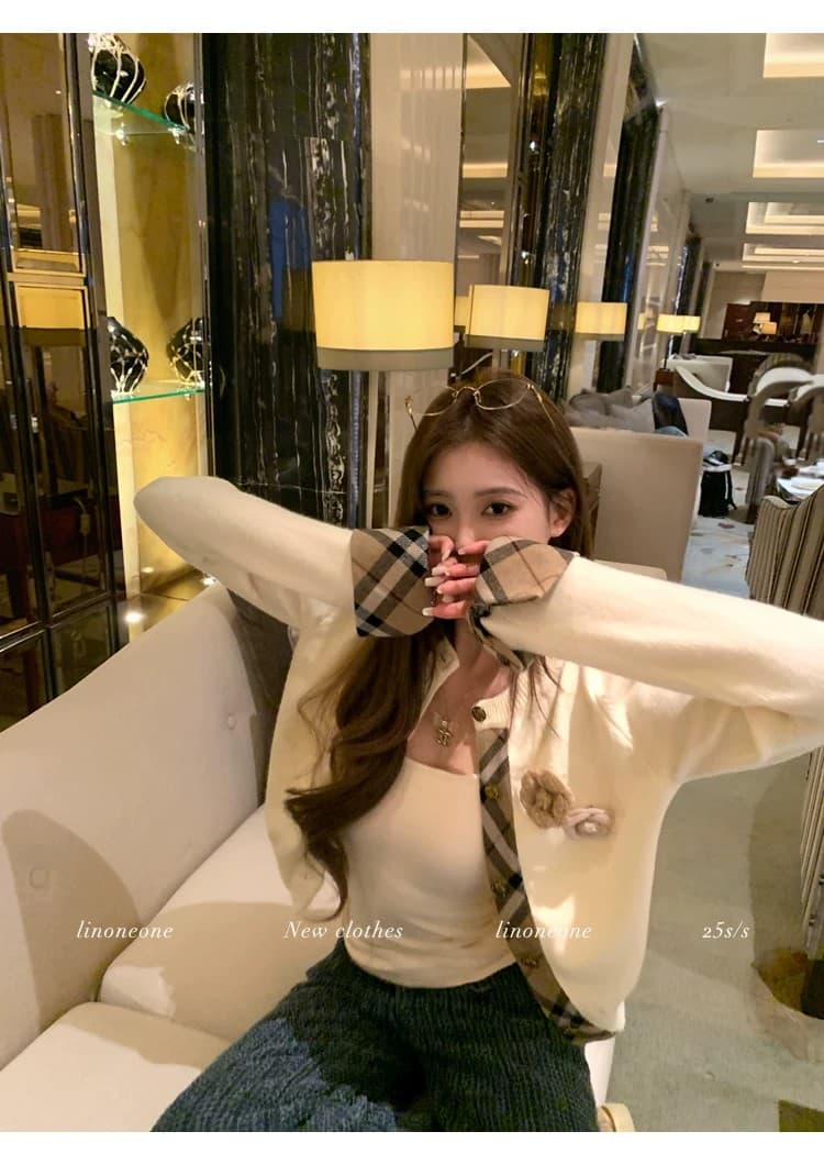 우유 커피 학원 한 부서 쌀 화이트 패치워크 페이크 레이어드 디자인 센스 스웨터 오픈 가디건 카키 체크무늬 상세 이미지 16