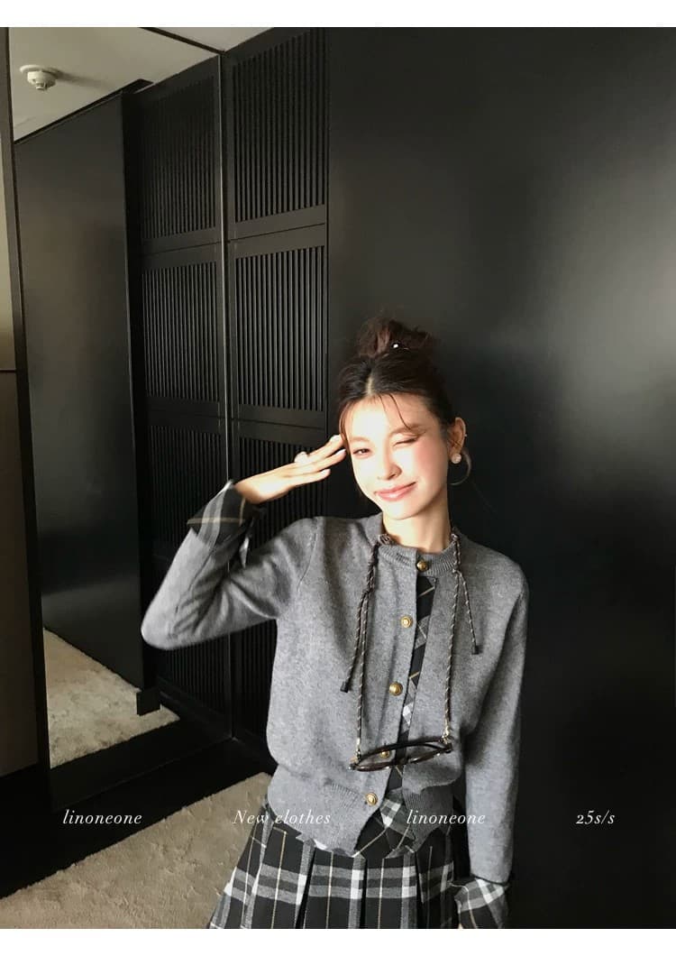 우유 커피 학원 한 부서 쌀 화이트 패치워크 페이크 레이어드 디자인 센스 스웨터 오픈 가디건 카키 체크무늬 상세 이미지 20