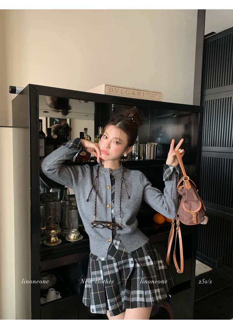 우유 커피 학원 한 부서 쌀 화이트 패치워크 페이크 레이어드 디자인 센스 스웨터 오픈 가디건 카키 체크무늬 상세 이미지 22