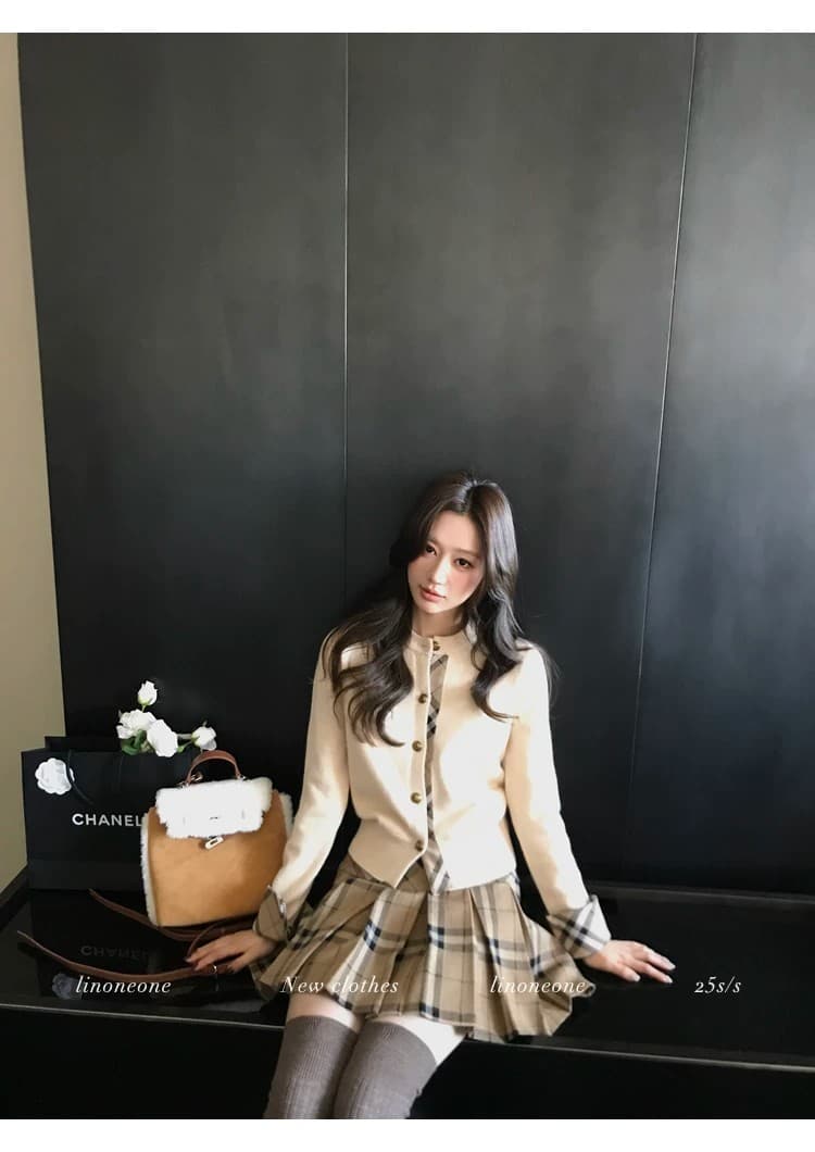 우유 커피 학원 한 부서 쌀 화이트 패치워크 페이크 레이어드 디자인 센스 스웨터 오픈 가디건 카키 체크무늬 상세 이미지 24