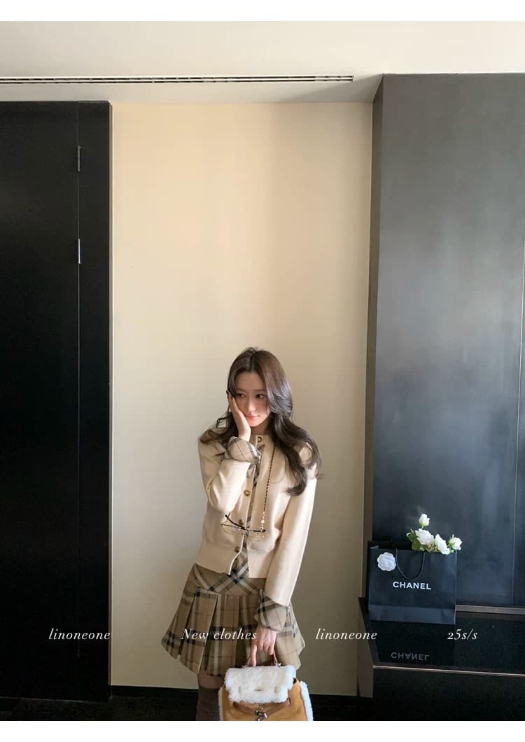 우유 커피 학원 한 부서 쌀 화이트 패치워크 페이크 레이어드 디자인 센스 스웨터 오픈 가디건 카키 체크무늬 상세 이미지 25