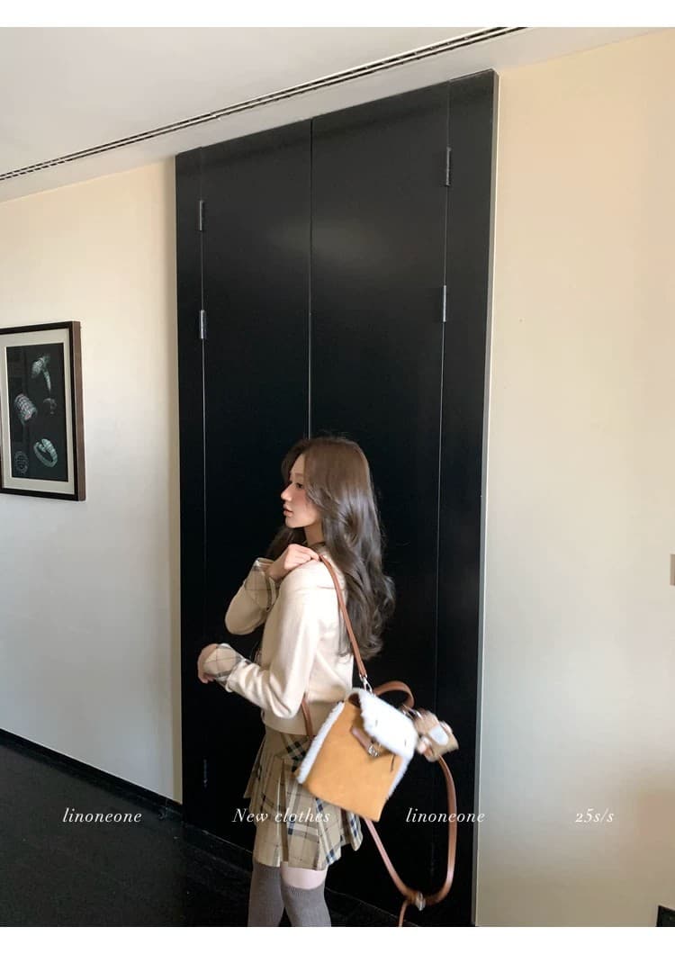 우유 커피 학원 한 부서 쌀 화이트 패치워크 페이크 레이어드 디자인 센스 스웨터 오픈 가디건 카키 체크무늬 상세 이미지 26