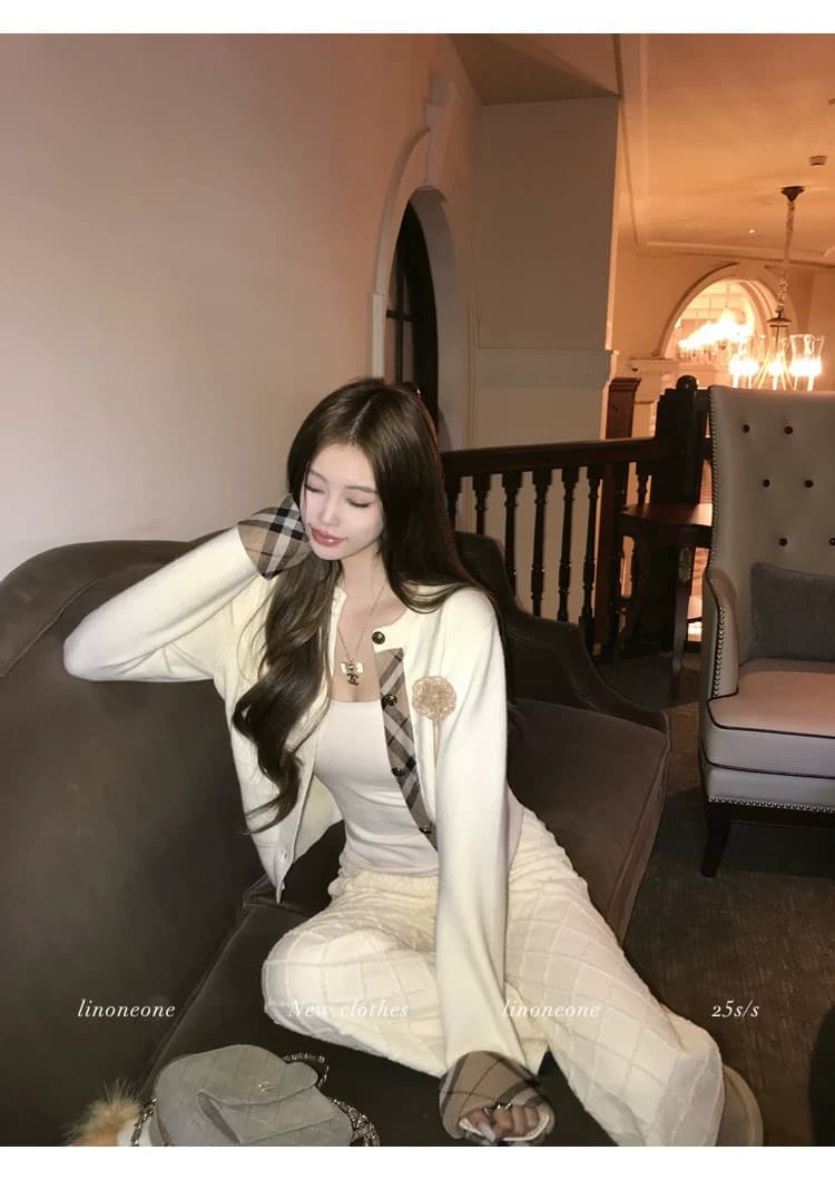 우유 커피 학원 한 부서 쌀 화이트 패치워크 페이크 레이어드 디자인 센스 스웨터 오픈 가디건 카키 체크무늬 상세 이미지 29
