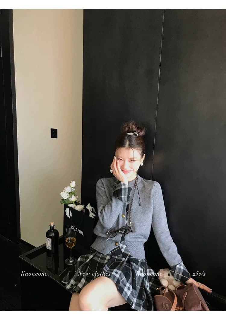 우유 커피 학원 한 부서 쌀 화이트 패치워크 페이크 레이어드 디자인 센스 스웨터 오픈 가디건 카키 체크무늬 상세 이미지 42