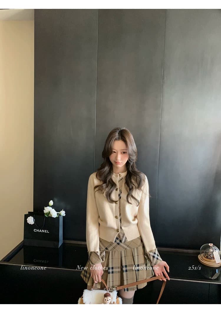 우유 커피 학원 한 부서 쌀 화이트 패치워크 페이크 레이어드 디자인 센스 스웨터 오픈 가디건 카키 체크무늬 상세 이미지 43