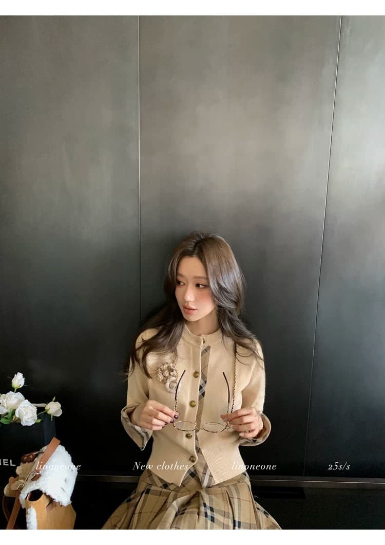 우유 커피 학원 한 부서 쌀 화이트 패치워크 페이크 레이어드 디자인 센스 스웨터 오픈 가디건 카키 체크무늬 상세 이미지 44