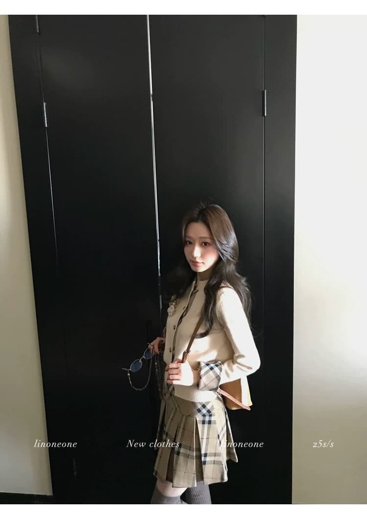 우유 커피 학원 한 부서 쌀 화이트 패치워크 페이크 레이어드 디자인 센스 스웨터 오픈 가디건 카키 체크무늬 상세 이미지 46