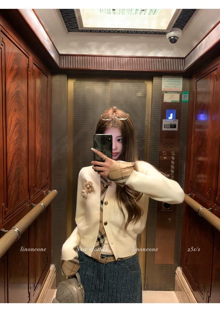 우유 커피 학원 한 부서 쌀 화이트 패치워크 페이크 레이어드 디자인 센스 스웨터 오픈 가디건 카키 체크무늬 상세 이미지 47