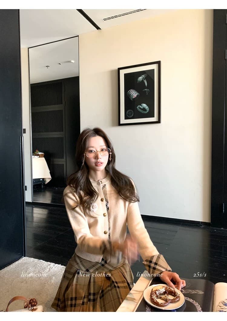 우유 커피 학원 한 부서 쌀 화이트 패치워크 페이크 레이어드 디자인 센스 스웨터 오픈 가디건 카키 체크무늬 상세 이미지 56