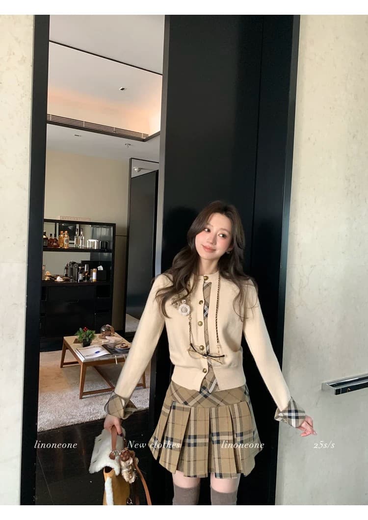 우유 커피 학원 한 부서 쌀 화이트 패치워크 페이크 레이어드 디자인 센스 스웨터 오픈 가디건 카키 체크무늬 상세 이미지 58