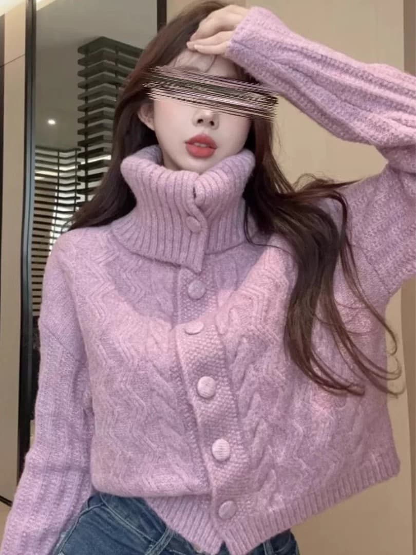 아름다움 라드. 느긋한 바람 터틀넥 스웨터 여자 가을 겨울 외출용 고급 센스 두꺼운 쇼트 스타일 니트 카디건 코트 맨위 이미지 3