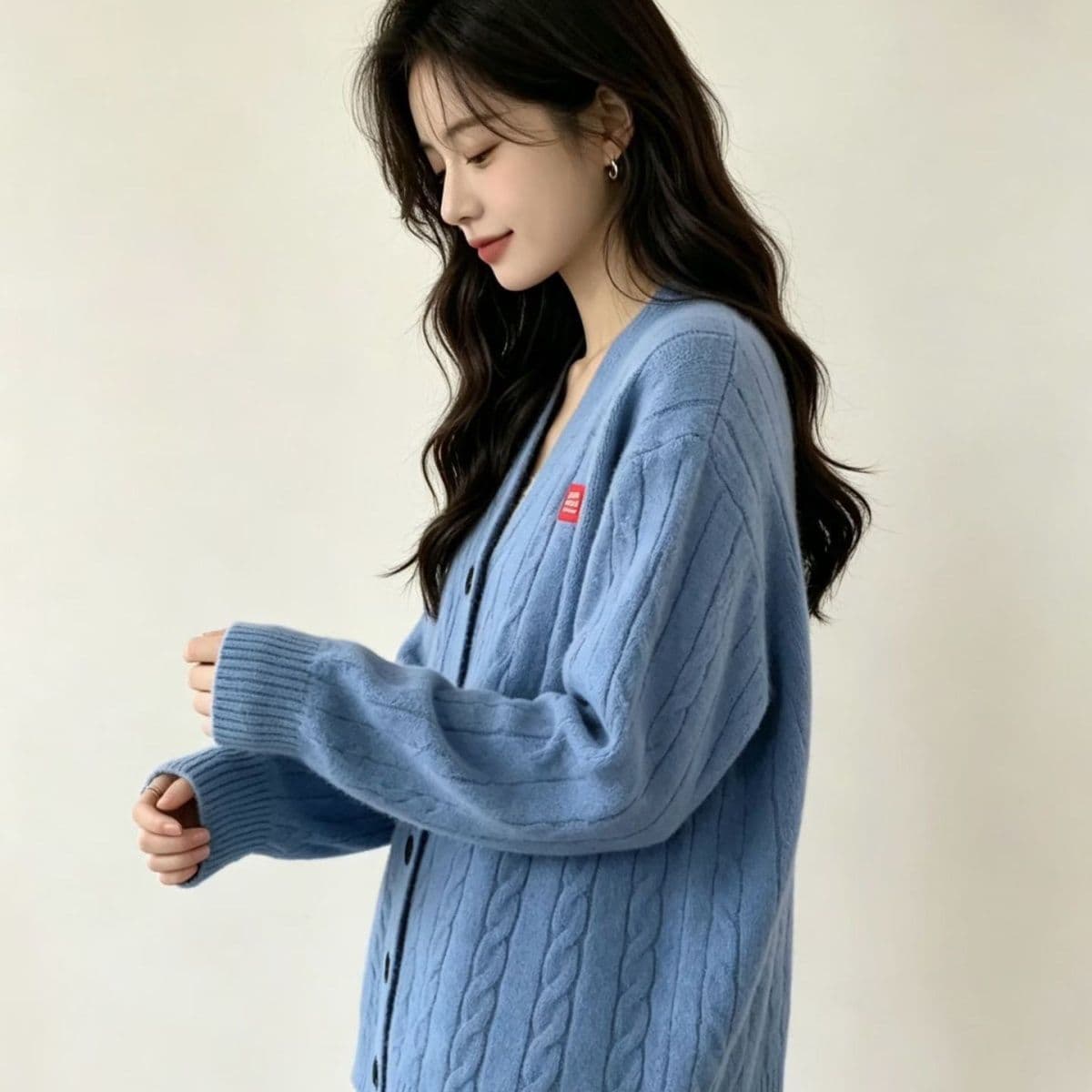 아메리칸 레트로 V넥 니트 스웨터 여자 봄과 가을 한 부서 부드러운 바람 몸매 가꾸기 고급 센스 카디건 코트 상세 이미지 3
