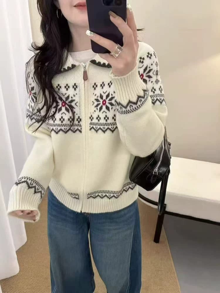 레트로 공정한 섬 자카드 부드러운 찹쌀 터틀넥 스웨터 여성 코트 가을 겨울 새로운 두꺼운 루즈핏 눈꽃 니트 오픈 가디건 상세 이미지 11