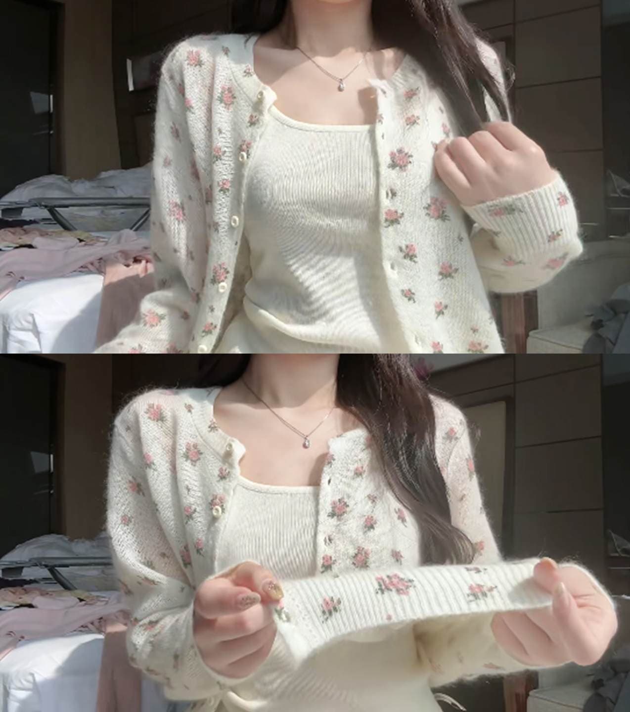 한 부서 아름다운 화이트 꽃무늬 니트 오픈 가디건 여성 코트 이른 봄 디자인 센스 작은 대중 외출용 루즈핏 슬림해 보이는 맨위 상세 이미지 4