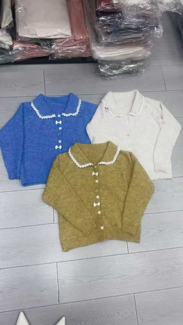 모리 소녀 작은 폴로 칼라 니트 오픈 가디건 여성 루즈핏 다용도 작은 청신 연령 감소 단색 레이스 패치워크 스웨터 코트 상세 이미지 1