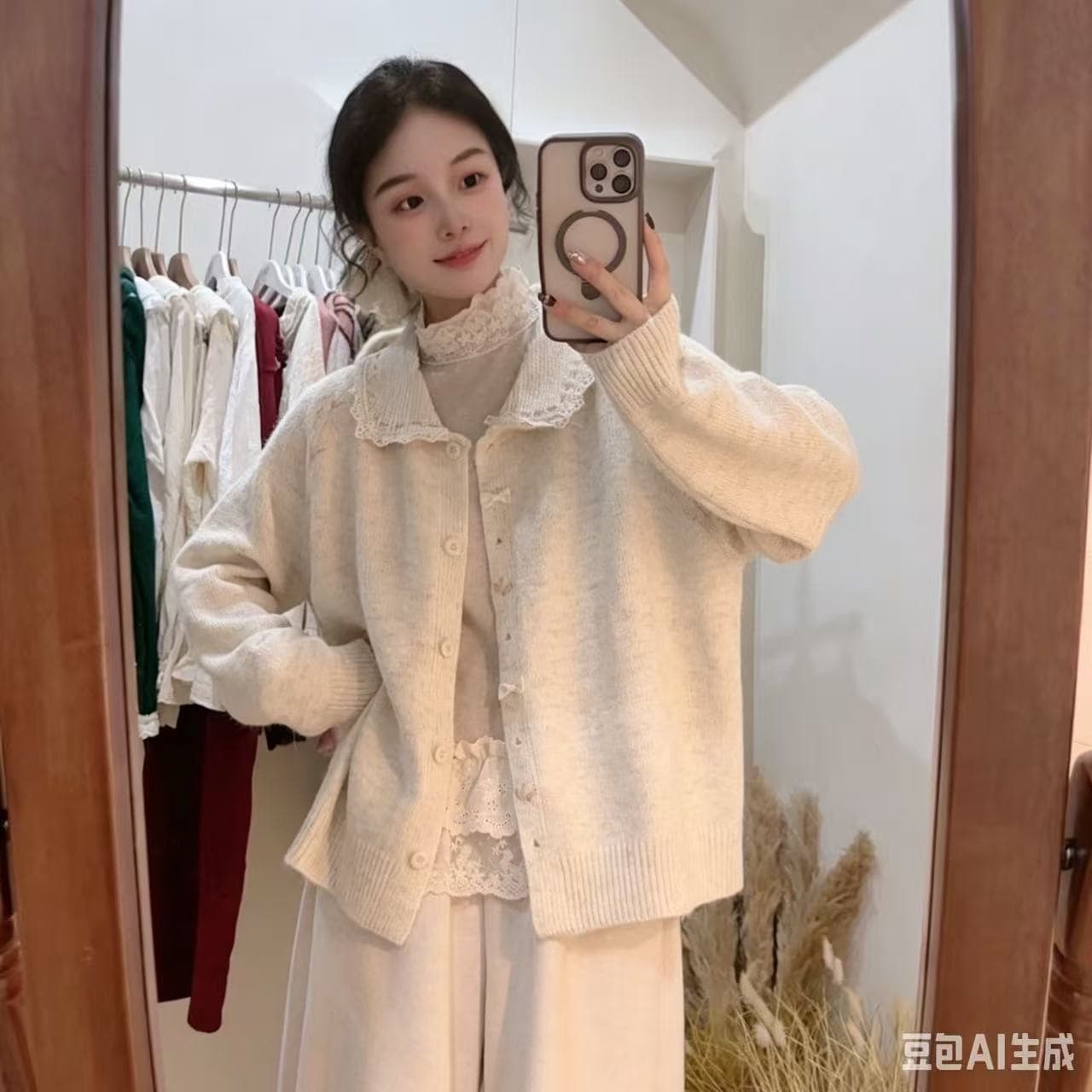 모리 소녀 작은 폴로 칼라 니트 오픈 가디건 여성 루즈핏 다용도 작은 청신 연령 감소 단색 레이스 패치워크 스웨터 코트 상세 이미지 4